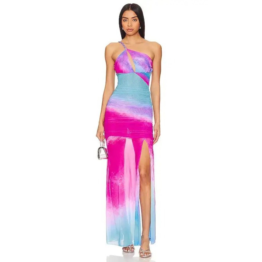 Rococo Sand Cloud One Shoulder Maxi Dress Fuchsia Tie Dye Mesh Ruched Size S